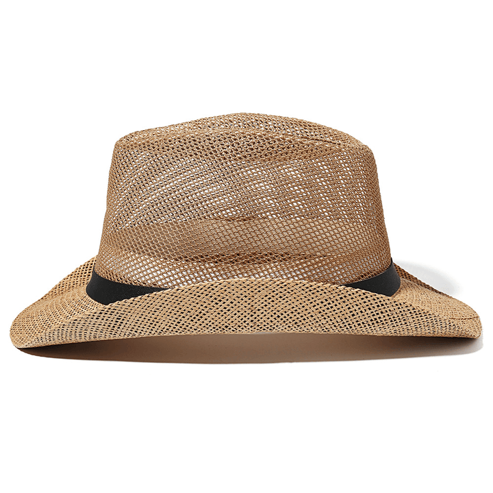 Men Outdoor Breathable Mesh Bowler Jazz Hat Cowboy Sunshade Straw Hat - MRSLM