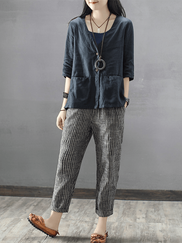 Women Striped High Waist Long Harem Pants Loose Trousers - MRSLM