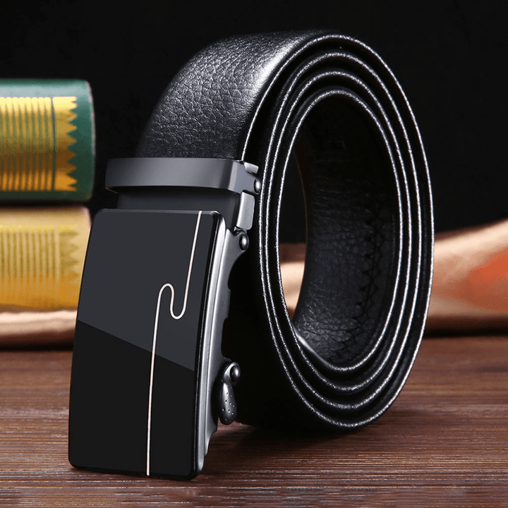 Men PU Leather Rectangular Acrylic Automatic Buckle Scratch-Resistant Business Casual Ratchet Belt - MRSLM