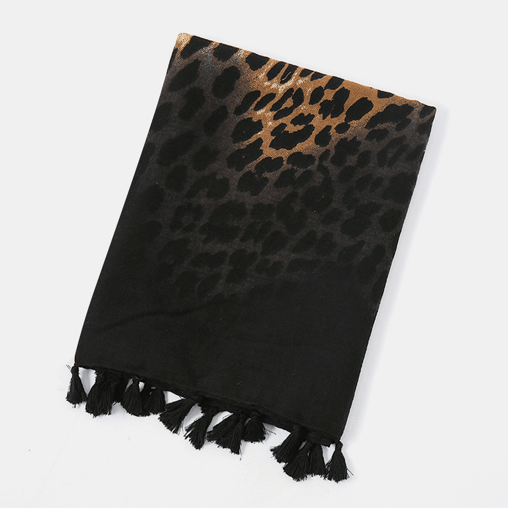 Women Cotton Leopard Warm Scarf Long Tassel Dual-Use Sunshade Shawl - MRSLM