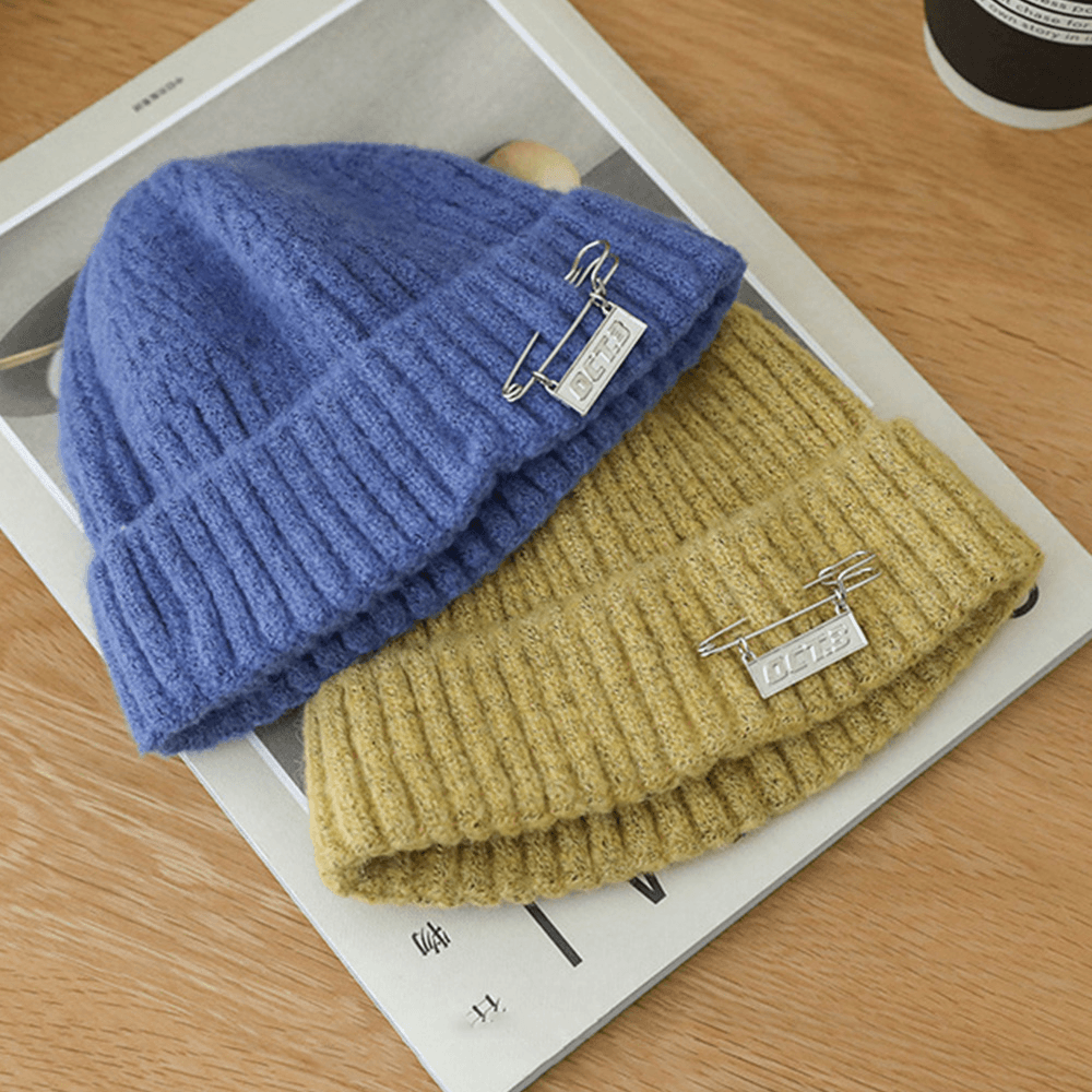 Unisex Acrylic Pin Letter Decorative Knitted Cap Autumn Winter Warmth Dome All-Match Brimless Beanie Landlord Cap Skull Cap - MRSLM