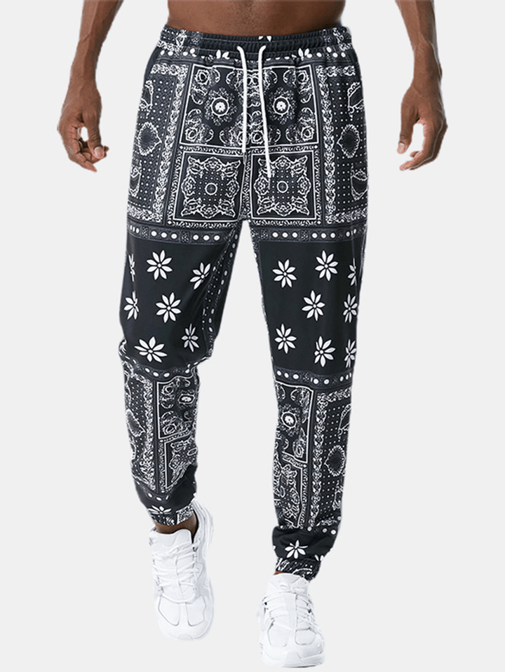 Mens Paisley Print Ethnic Style Drawstring Jogger Pants with Pocket - MRSLM