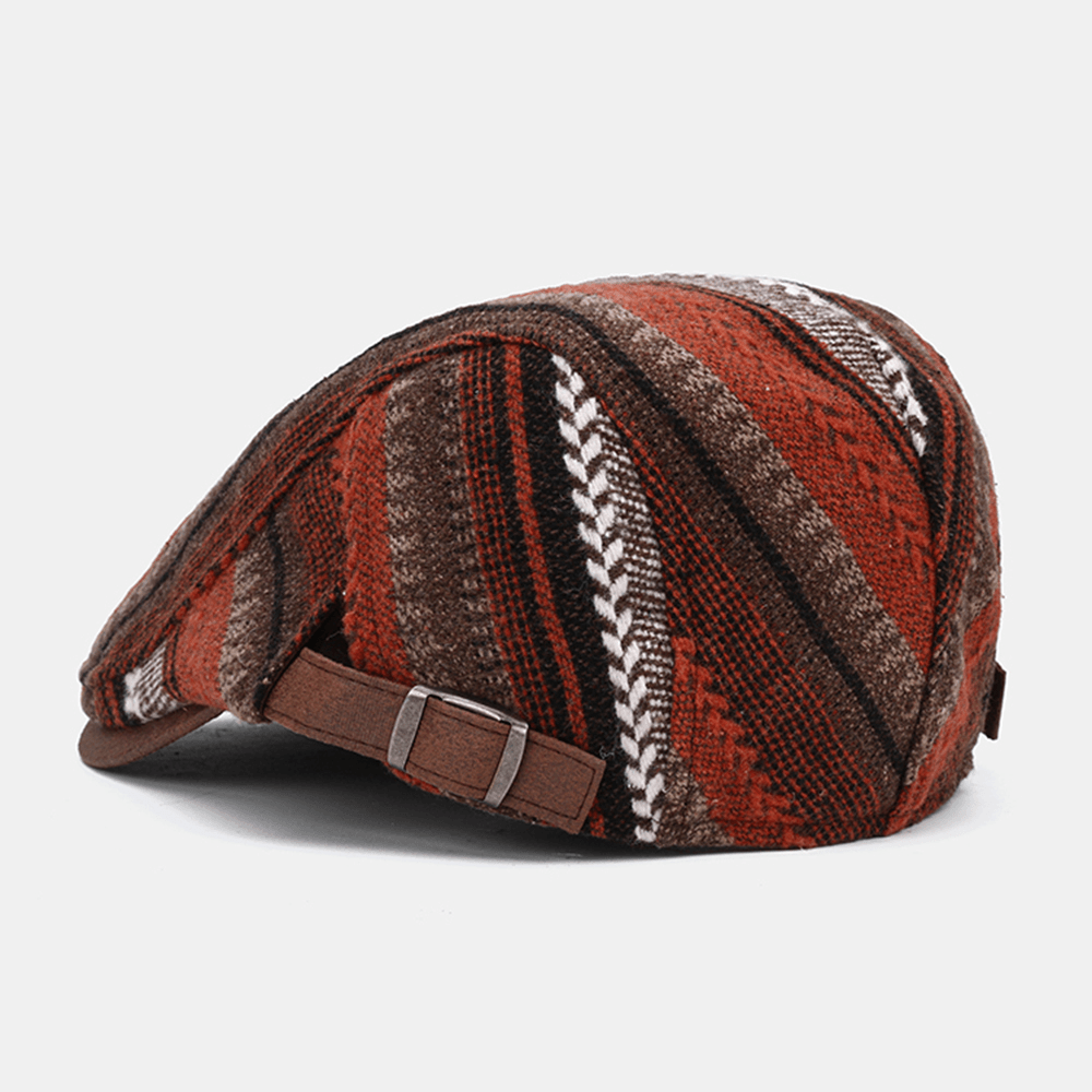 Collrown Men Knit Stripe Pattern Patchwork Retro Casual Outdoor Forward Hat Beret Hat - MRSLM