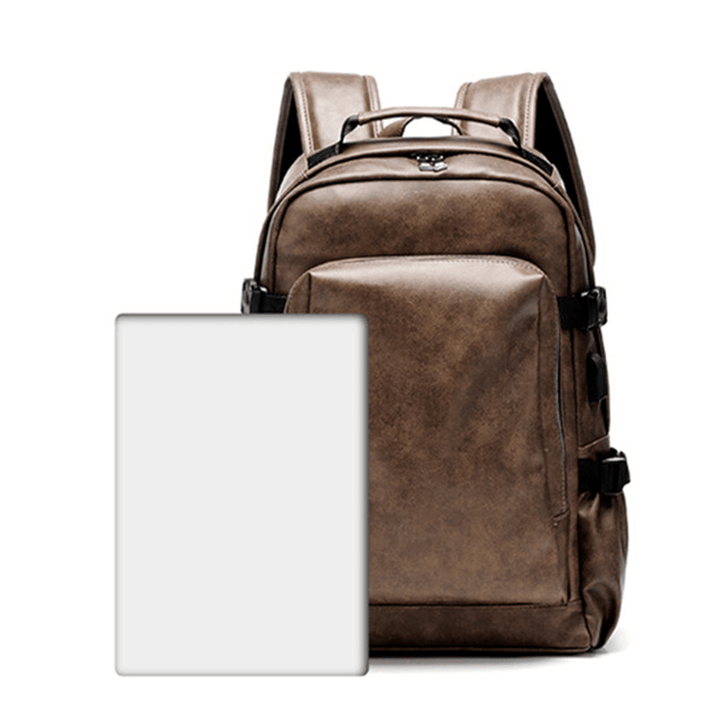 Men Business PU Leather Solid Backpack Casual Computer Bag - MRSLM