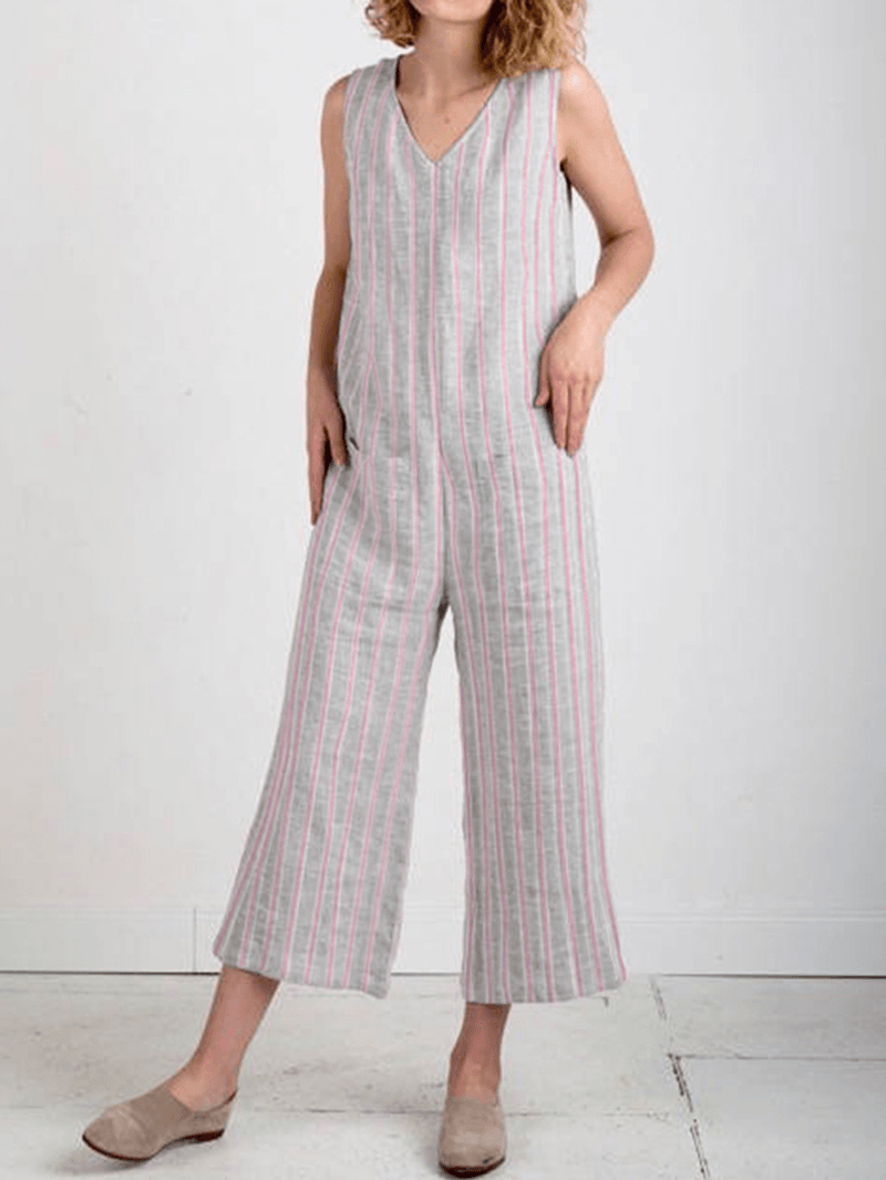 Women Stripe V Neck Wide Leg Sleeveless Casual Jumpsuit - MRSLM