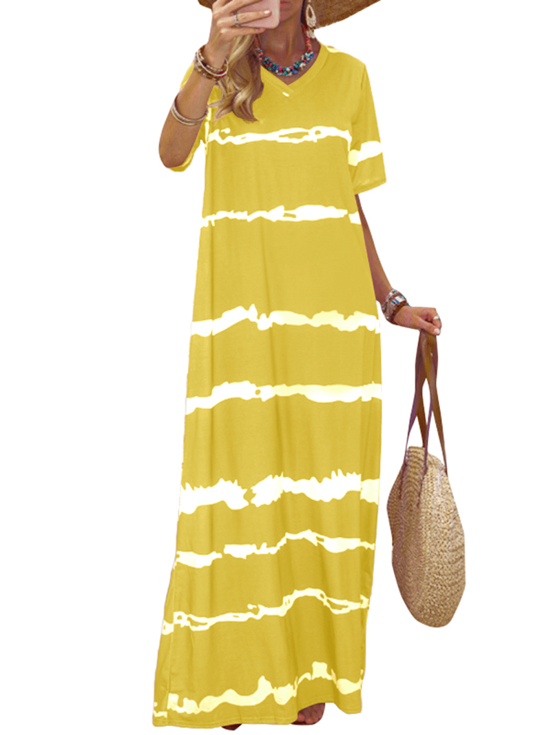 Bohemian Stripe Printed Clash Color Splicing Design V-Neck Dress - MRSLM