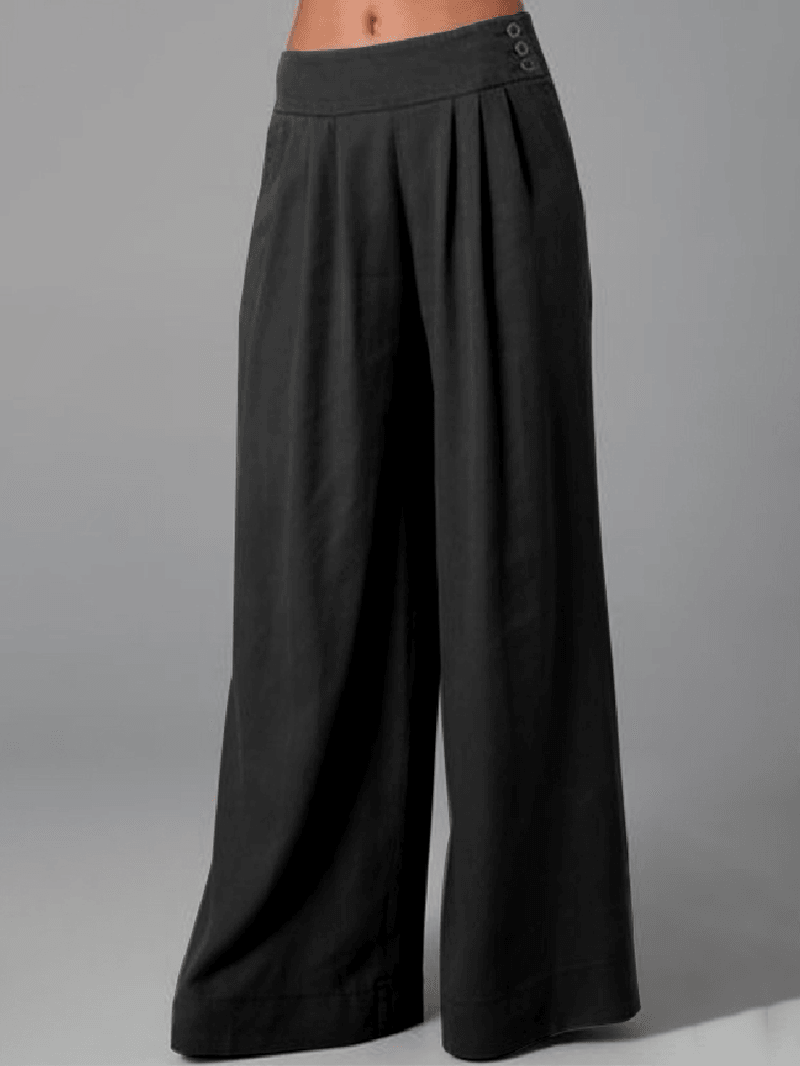 Women Solid Color Side Button Zipper Pocket Loose Casual Wide Leg Pants - MRSLM