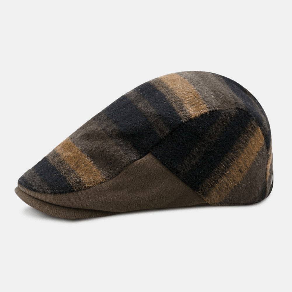 Unisex Woolen Color Matching Striped Beret British Retro Autumn Winter Warm Outdoor Sunshade Painter Hat - MRSLM