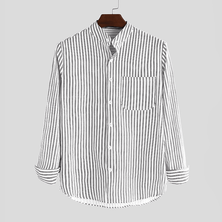 Mens Collarless Shirts Vintage Striped Shirt Grandad Button down Linen Loose Top - MRSLM