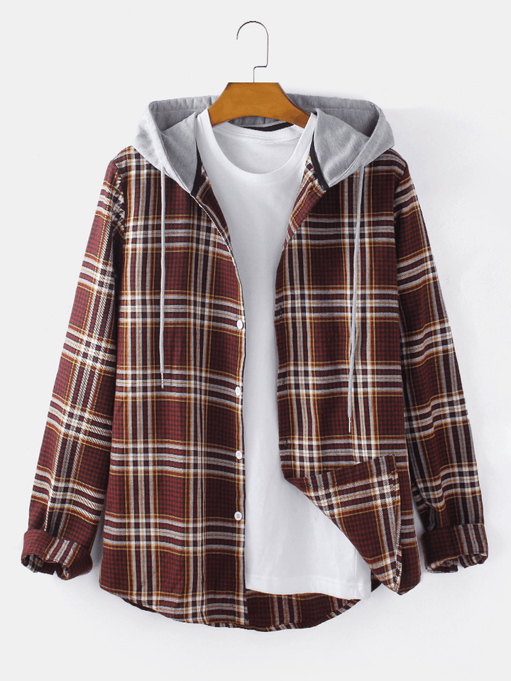 Mens Tartan Button up Long Sleeve Curved Hem Loose Fit Drawstring Hooded Jacket - MRSLM