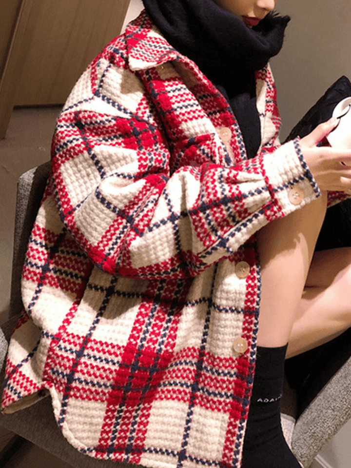 Women Plaid Warm Chest Double Pocket Long Sleeve Single-Breasted Coats - MRSLM