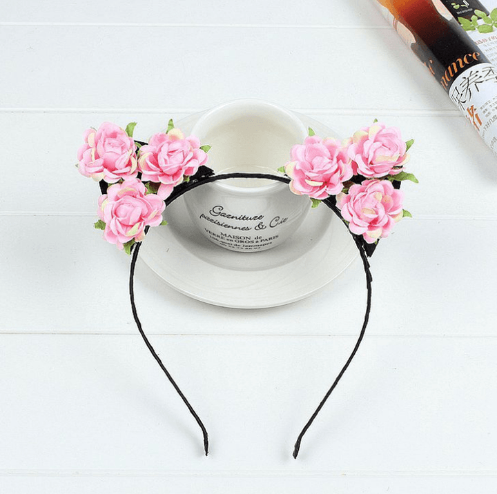 Cheveux Accessoires AWAYTR 2021 Blanc Rose Fleur Chat Oreilles Bandeaux Filles Fleur Bandeau Enfants Faits À La Main Tissu Floral Bandes De Cheveux - MRSLM