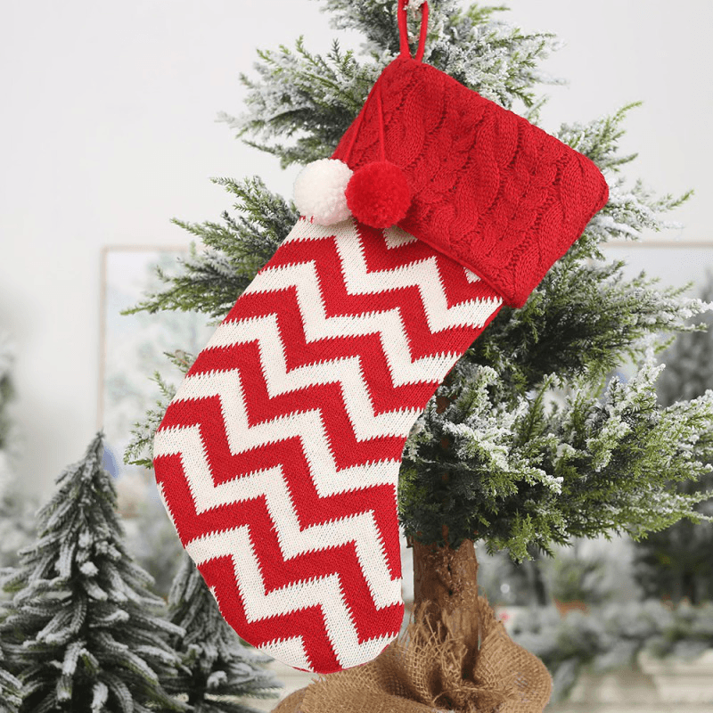 Knitted Christmas Stockings Gift Holders with Two Pom-Poms Xmas Tree Fireplace Hanging Ornaments Chrismas Decorations Sock - MRSLM