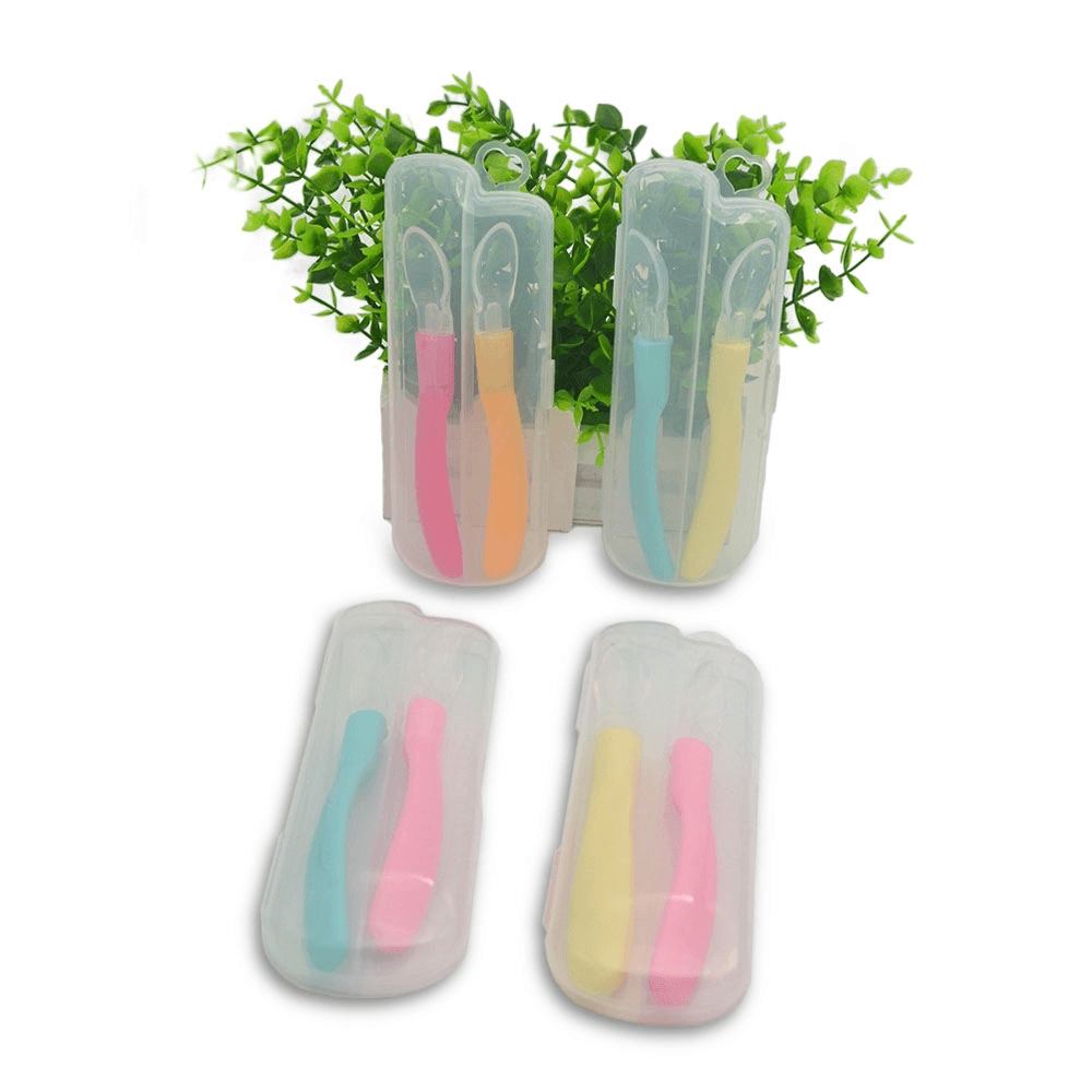 2PCS / Set Baby Silicone Soft Head Feeding Spoon with Storage Box Baby Special Spoon Safe and Non-Toxic with Box - MRSLM