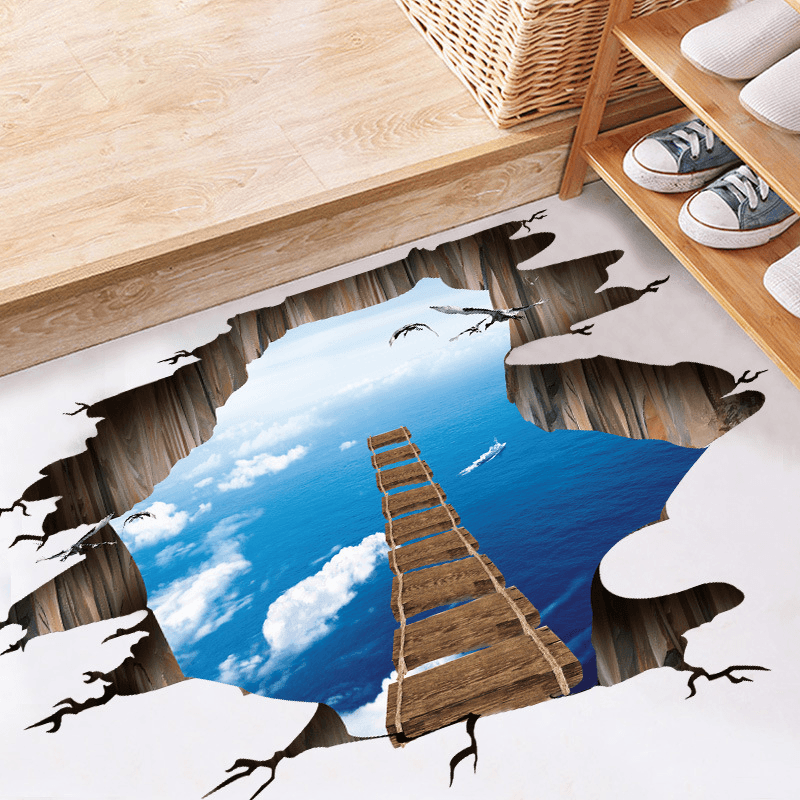 Miico Creative 3D Sky Suspension Bridge Broken Wall Removable Home Room Decorative Wall Door Decor Sticker - MRSLM