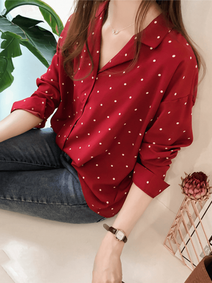 Polka Dot Print V-Neck Long Sleeve Casual Blouse - MRSLM