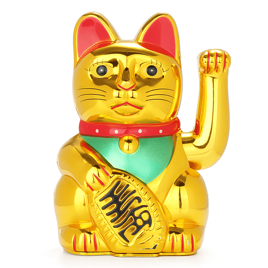 6" Chinese Lucky Waving Hand Maneki Neko Gold Fortune Feng Shui Cat Moving Arm Doll - MRSLM