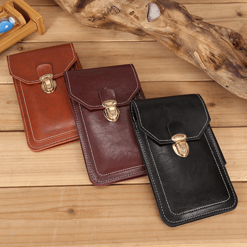 Men PU Leather Thin Hasp Waist Bag Vertical Square Wear-Resistant Phone Bag - MRSLM