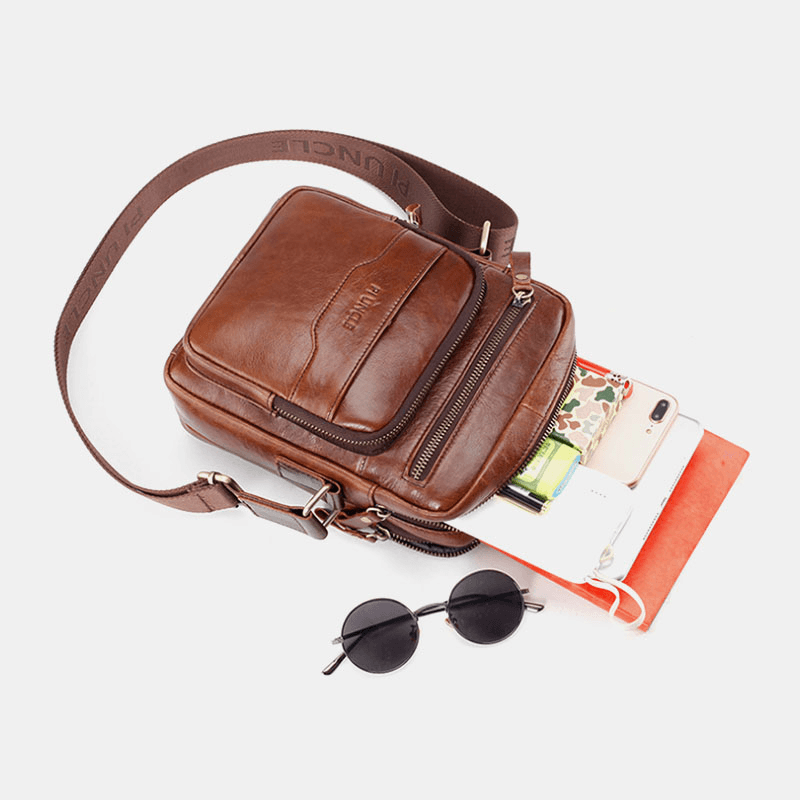 Men Genuine Leather Multi-Function Retro Wear-Resisant Large Capacity Handbag Shoulder Bag Cross Body Bag - MRSLM