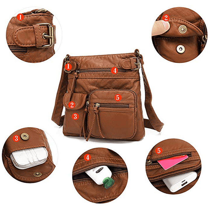 Women Multi-Pocket Casual PU Leather Crossbody Bag - MRSLM