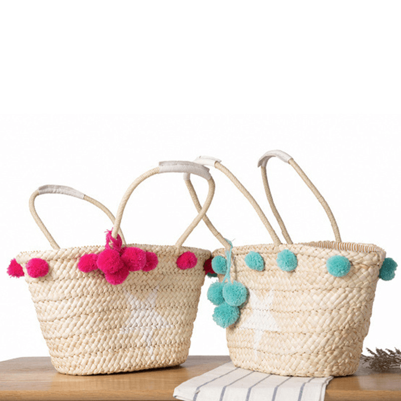 Women Woven Straw Beach Handbag Travel Plush Ball Bag Tote Bag - MRSLM