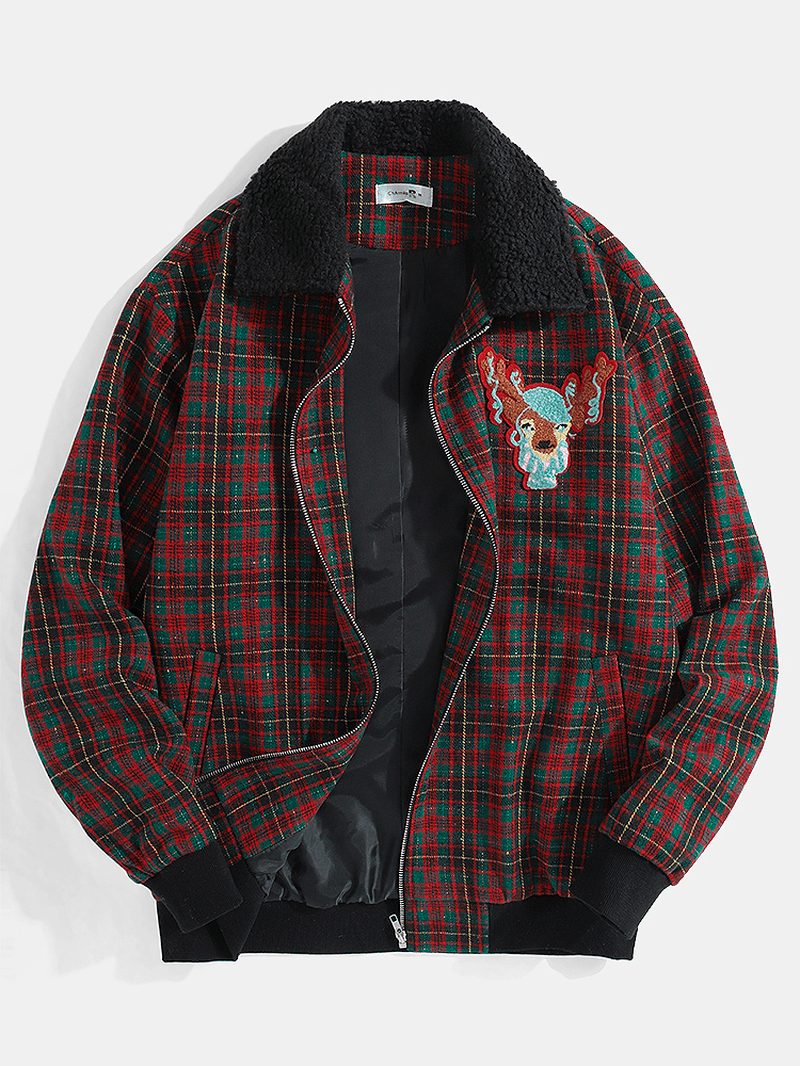 Mens Cartoon Elk Graphics Vintage Plaid Borg Collar Jacket with Pocket - MRSLM