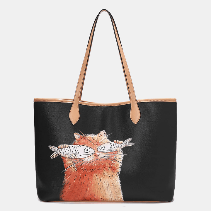 Women 2 PCS Cat Pattern Tote Large Capacity Shoulder Bag Handbag - MRSLM