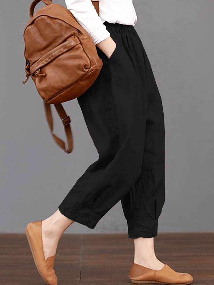 Women Solid Color Elastic Waist Loose Cotton Pants - MRSLM