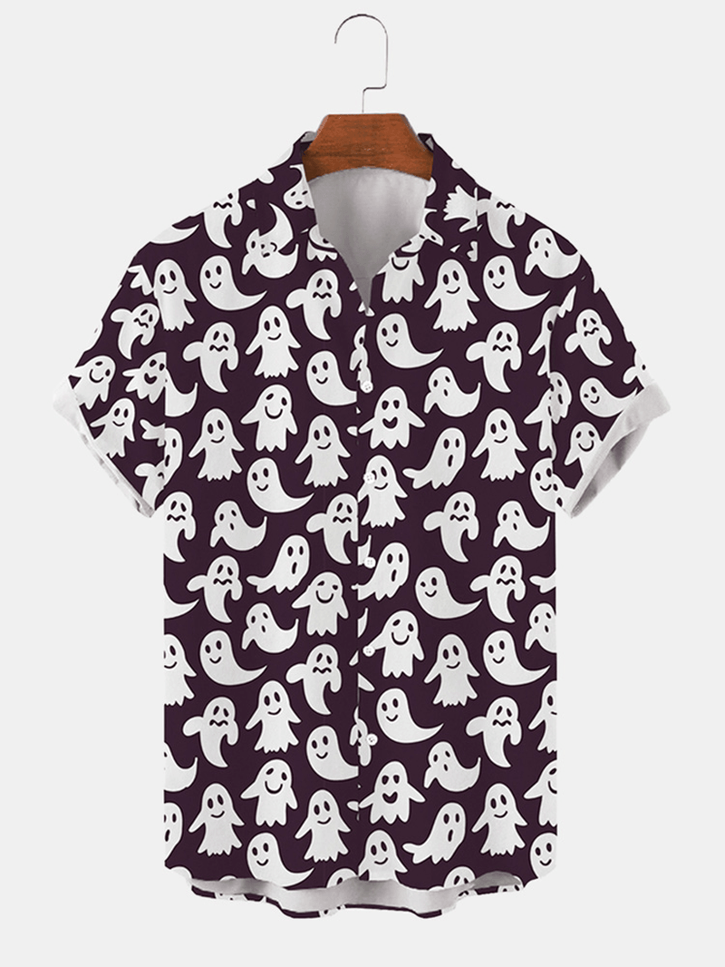 Mens Halloween Full Printed Little Ghost Short Sleeve Shirt - MRSLM