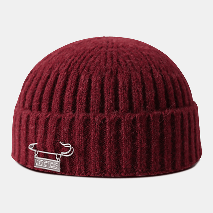 Unisex Acrylic Pin Letter Decorative Knitted Cap Autumn Winter Warmth Dome All-Match Brimless Beanie Landlord Cap Skull Cap - MRSLM