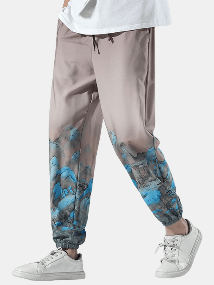 Mens Casual Landscape Print Drawstring Loose Pants - MRSLM