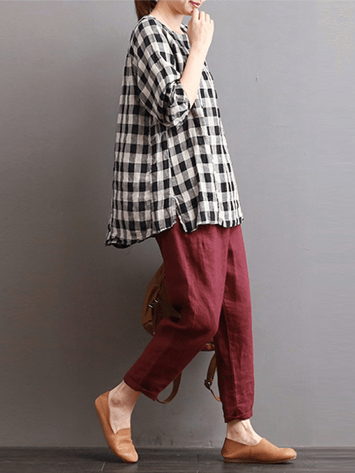 Casual Loose Plaid Long Sleeve Women Blouse - MRSLM