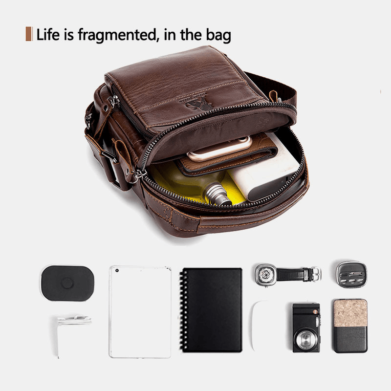 Men Genuine Leather Multifunction Multi-Pocket Waterproof Crossbody Bag Shoulder Bag - MRSLM