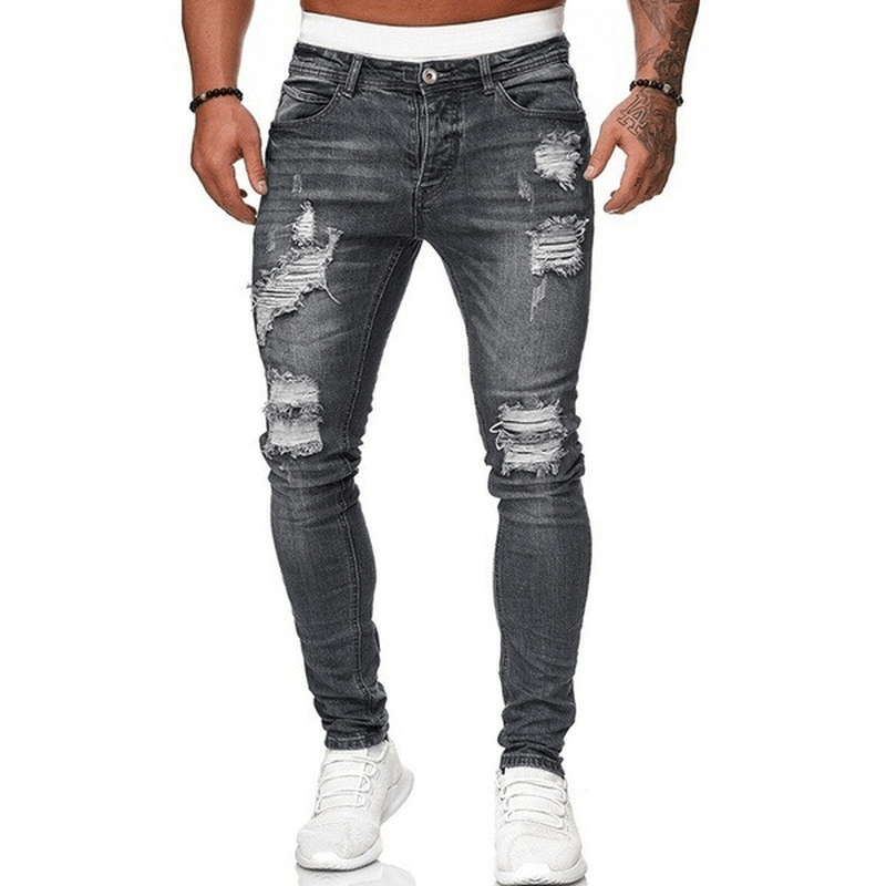 Ripped White Slim Denim Trousers Fashion Foot Pants - MRSLM