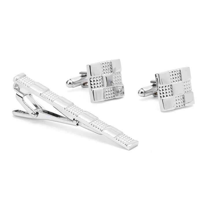 Unisex Silver Grid Cufflinks Business High-Grade Tie Clip - MRSLM