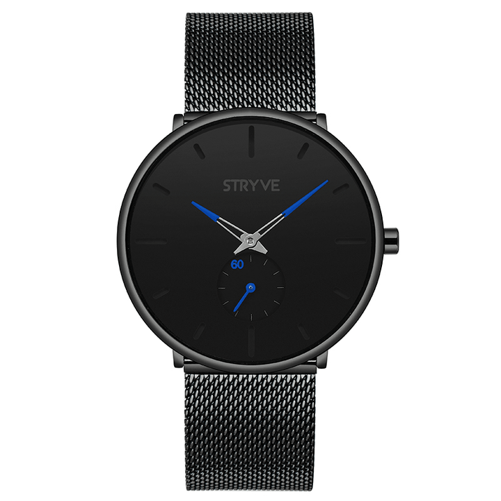 STRYVE S9501 Fshion Men Simple Dial Full Mesh Steel Strap Independent Second Dial Quartz Watch - MRSLM