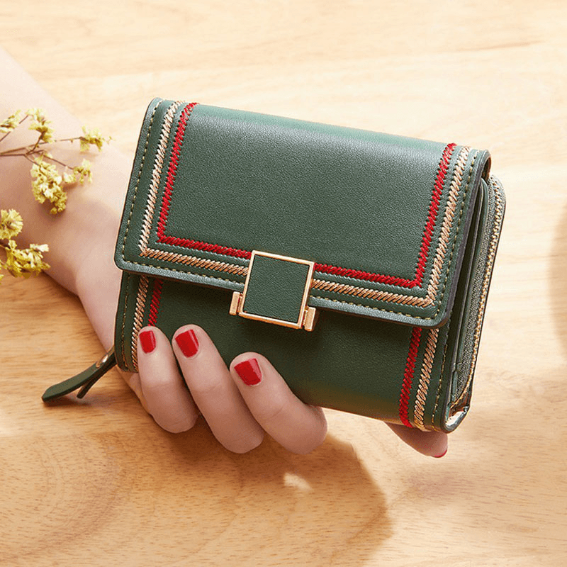 Women PU Leather Embroidery Multi-Card Slot Organ Card Case Short Trifold Money Clip Zipper Coin Purse Wallet - MRSLM