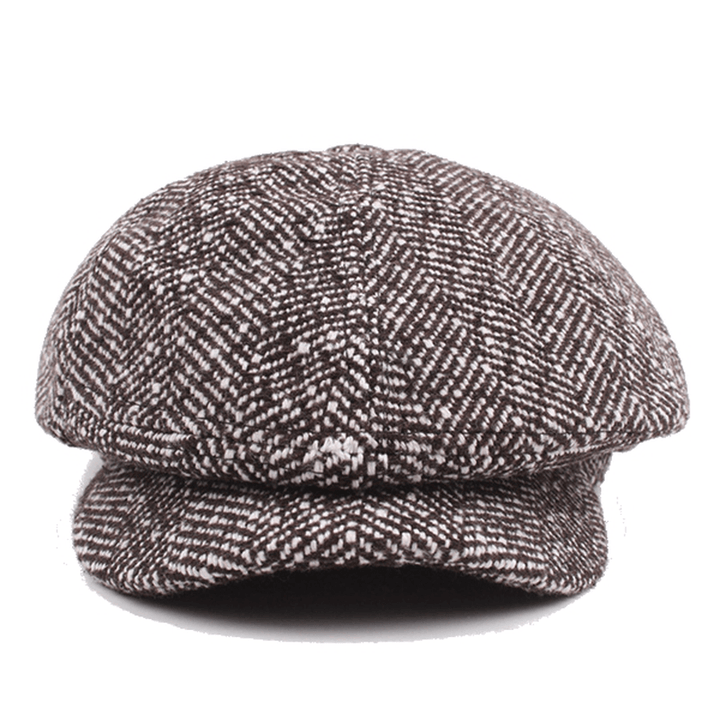 Mens Unisex Vintage Cotton Octagonal Cap Winter Stripe Gentleman Newsboy Beret Hat - MRSLM