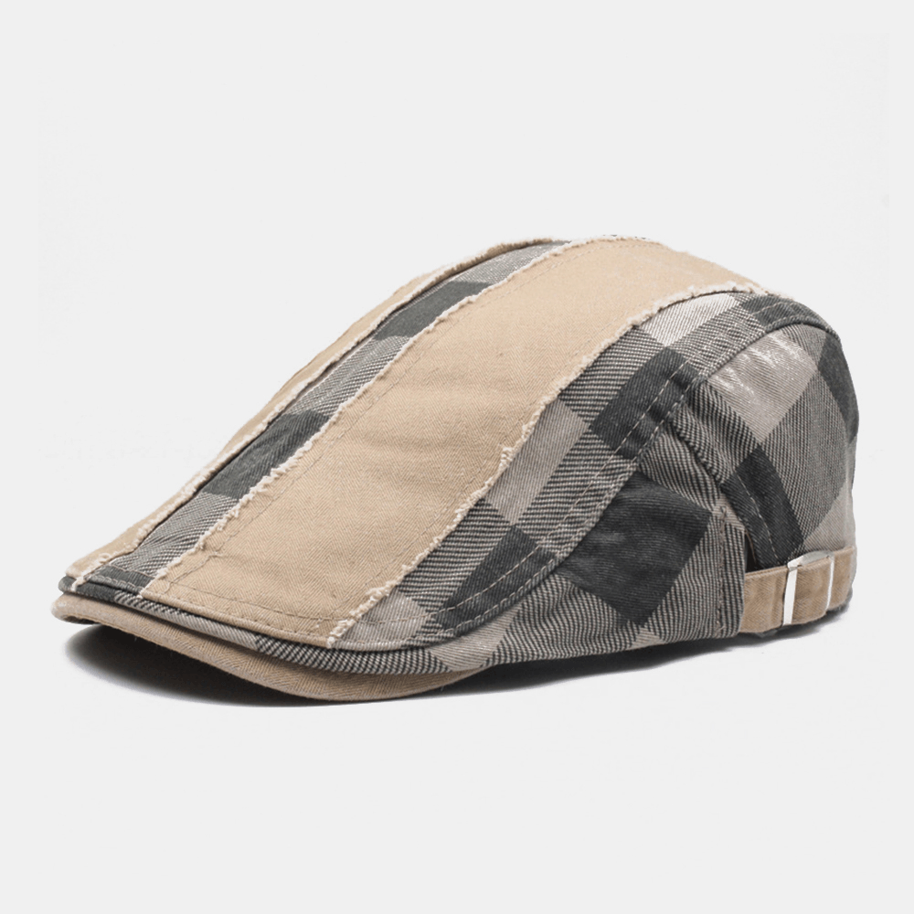 Men Cotton Patchwork Stitching Lattice Casual Outdoor Sunshade Flat Hat Beret Hat - MRSLM