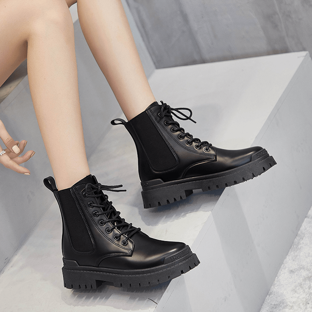 Women Casual Warm Slip Resistant Platform Lace up Combat Boots - MRSLM