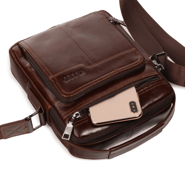 Men Genuine Leather Business Multi-Pocket Shoulder Bag Phone Bag - MRSLM