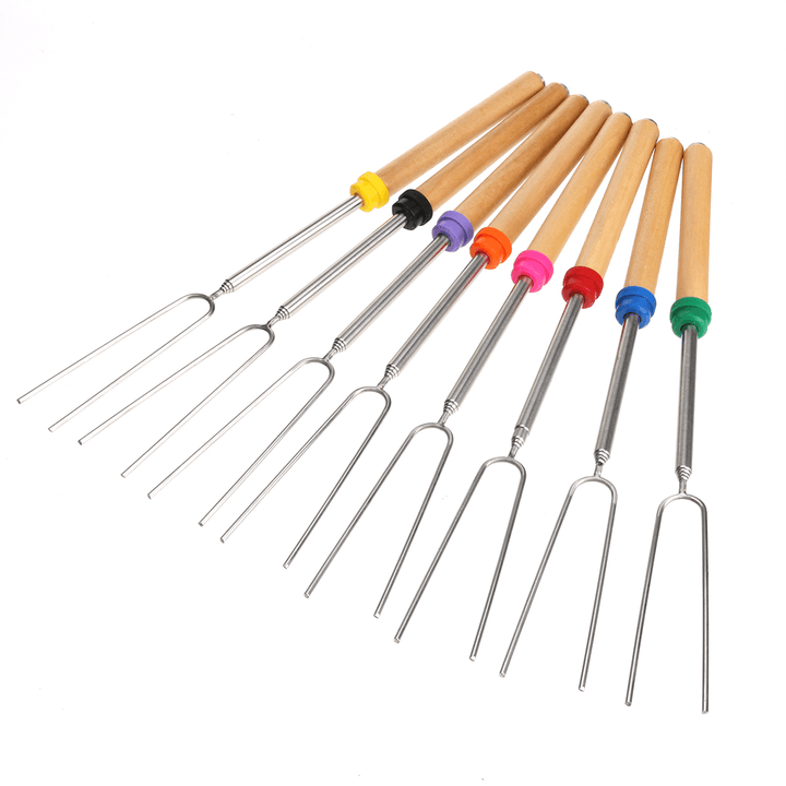 8PCS Roasting Sticks Telescoping 12"-32" Smore Sticks Skewers Set with Wooden Handle for BBQ Hot Dog Fork Fire Pit Camping Cookware - MRSLM