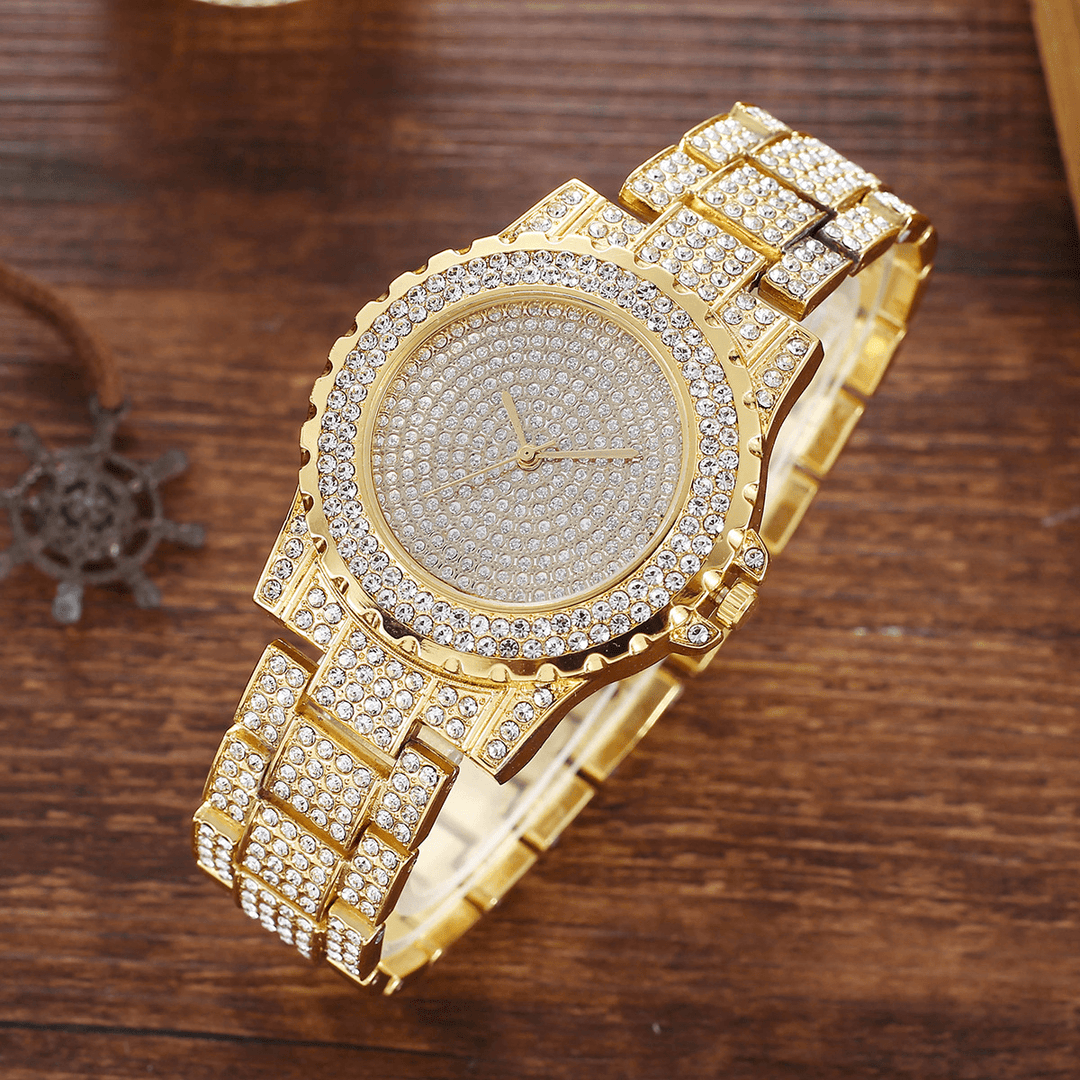 2Pcs Fashion Luxury Full Diamond Steel Band Quartz Watch Punk Rhinestone Bracelet Set - MRSLM