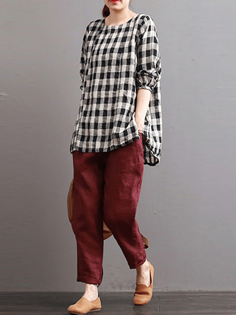 Casual Loose Plaid Long Sleeve Women Blouse - MRSLM