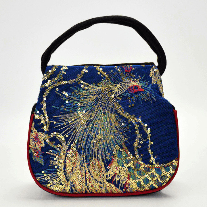 Women Canvas Ethnic Style Embroidery Peacock Pattern Casual Elegant Mini Ladies Handbag - MRSLM