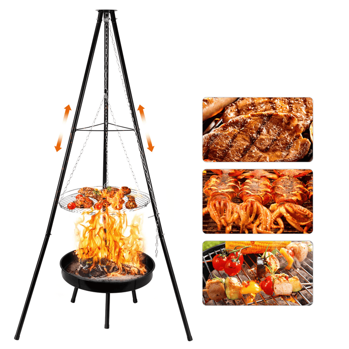 Ipree® 9 Pcs Hanging BBQ Grilling Adjustable Height Tripod Cookware Camping Family Picnic - MRSLM