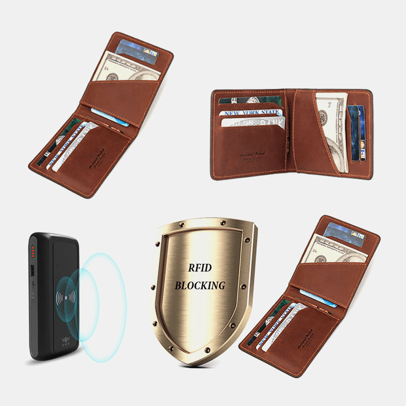 Men Genuine Leather RFID Anti-Theft Foldable Retro Business Ultra-Thin Card Holder Wallet - MRSLM