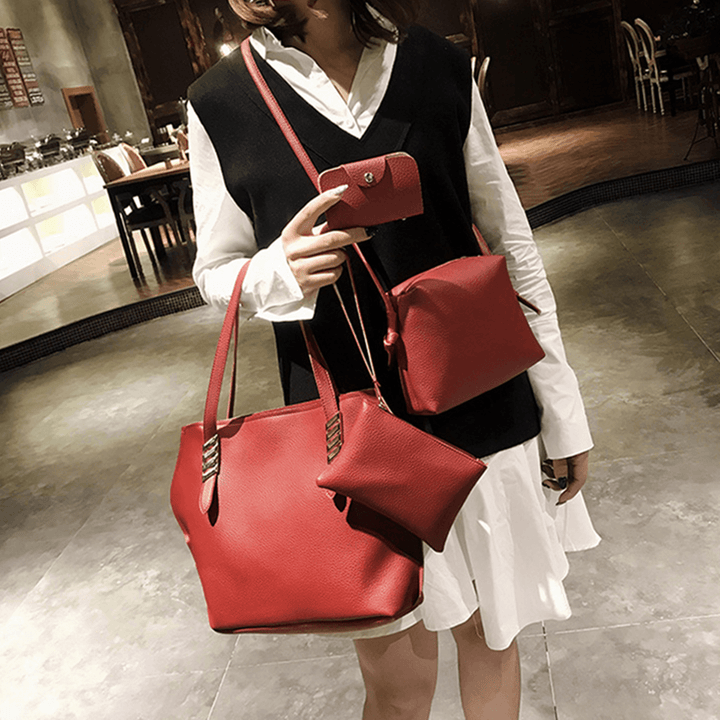 4Pcs Faux Leather Solid Leisure Handbag Shoulder Bag - MRSLM