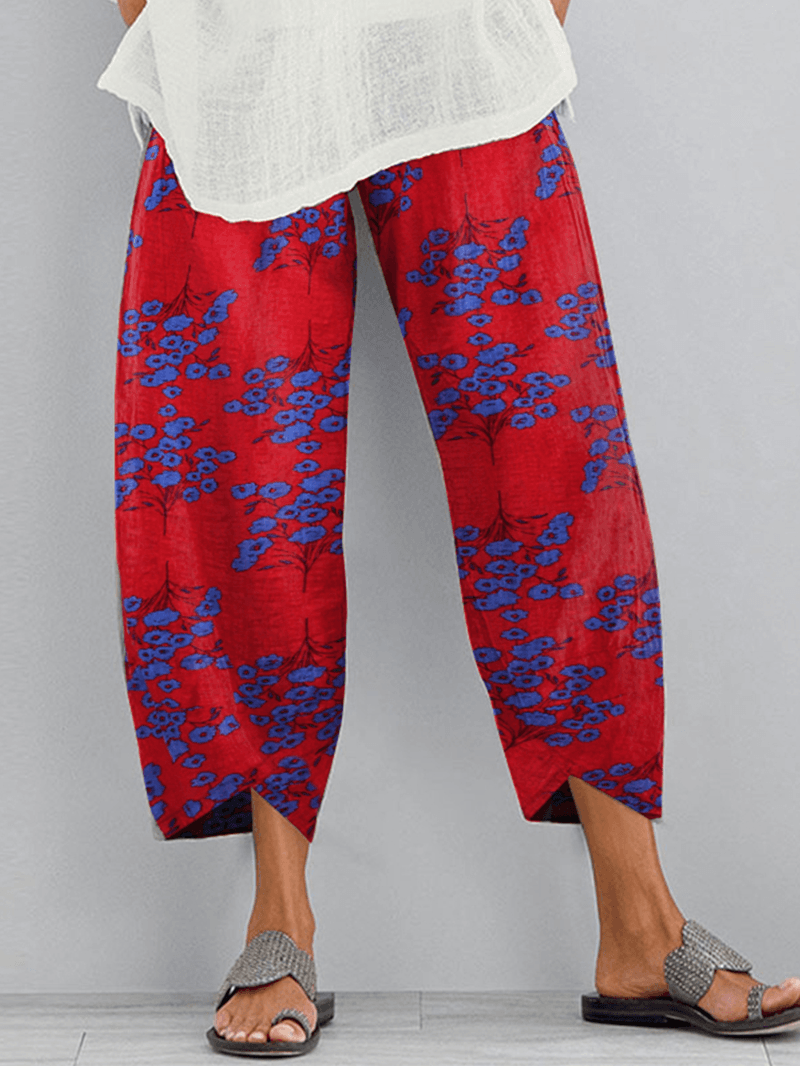 Floral Print Elastic Waist Loose Side Pocket Causal Irregular Hem Pants - MRSLM