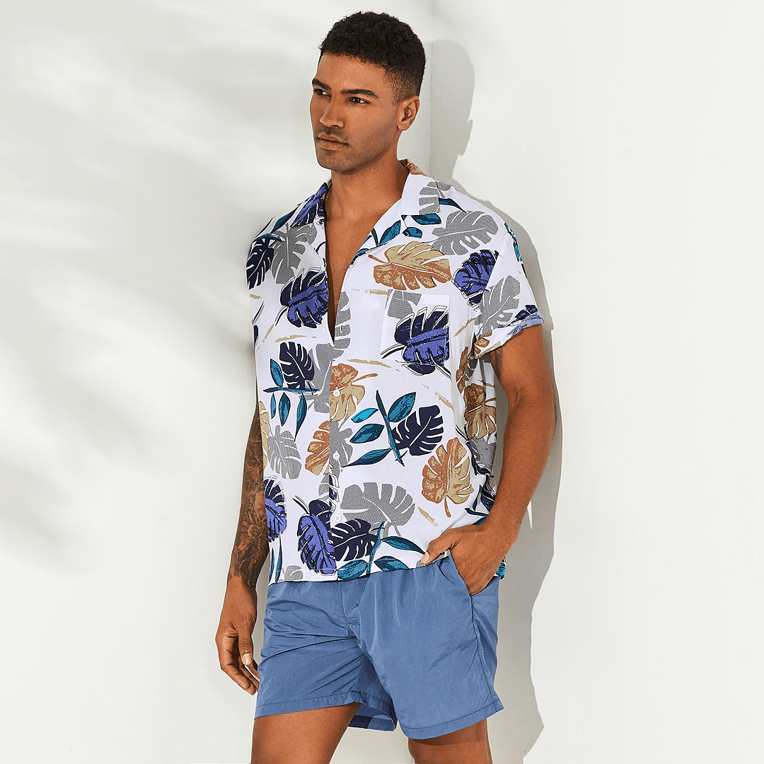 Charmkpr Men Tropical Plants Printed Hawaiian Beach Shirts - MRSLM